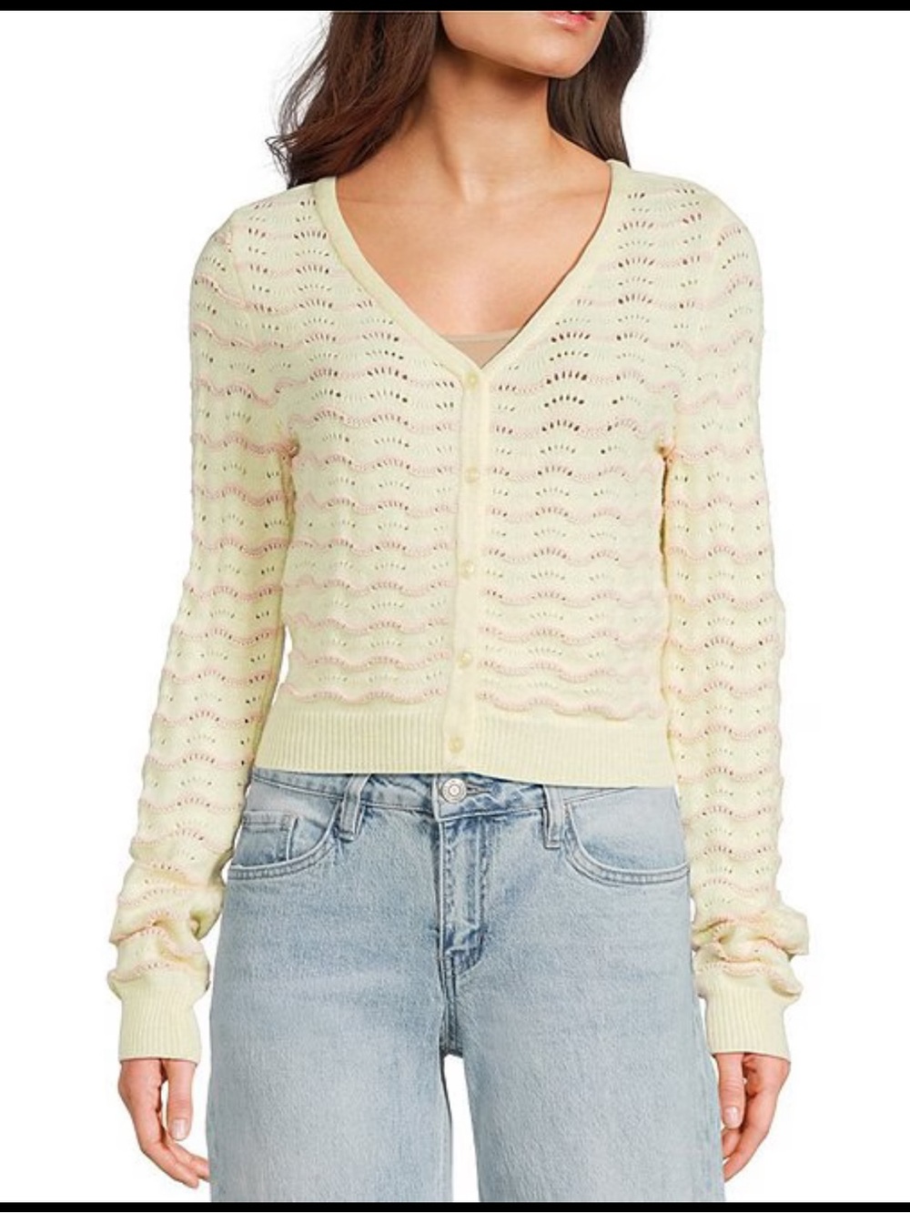 Originality Wavy Stripe V-Neck Button Front Long Sleeve Cropped Cardigan